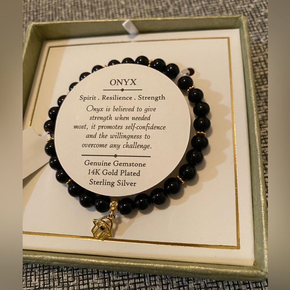 New SHIVAM Black Onyx Gold Hamsa Hand Charm Bead STRETCH BRACELET Made in India